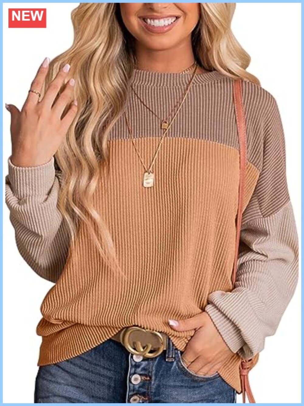 Womens Color Block Long Sleeve Ribbed Knit Tunic Top